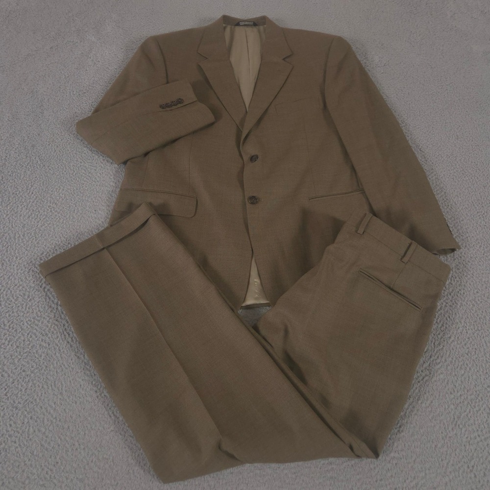 Stafford 2-Piece Suit Mens 44R Pants 38x31 Brown Pure New Wool Pleated Straight